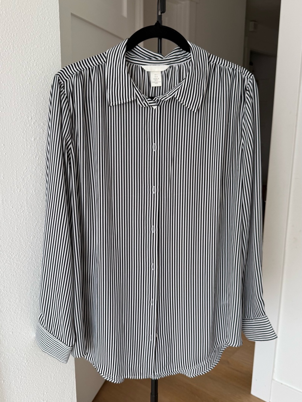 Black and White Vertical Stripe Button-Up Blouse